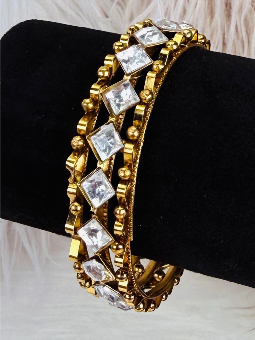 Vintage Aged Goldtone Bangle Bracelet with Clear Square Bling Accents